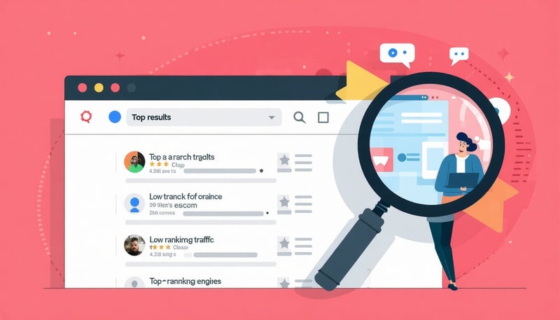 Design a graphic that visually conveys the frustration of a website struggling to achieve visibility on search engines The image could depict a search results page with a prominent focus on the top results while the lowranking website is relegated to-1
