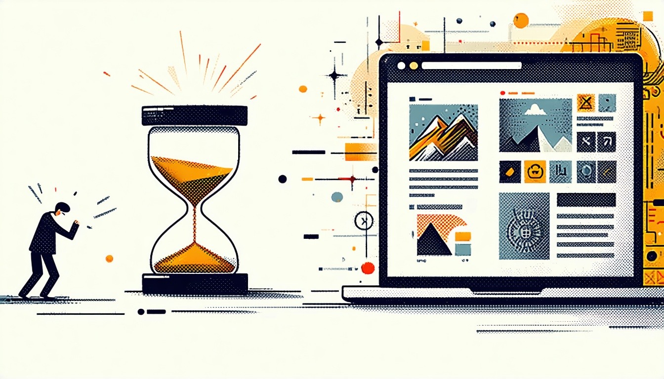 Design a graphic that visually conveys the frustration of using a sluggish website Incorporate elements such as a loading spinner or hourglass icon to symbolize delay alongside a downcast or annoyed user character tapping their fingers impatiently Us-1