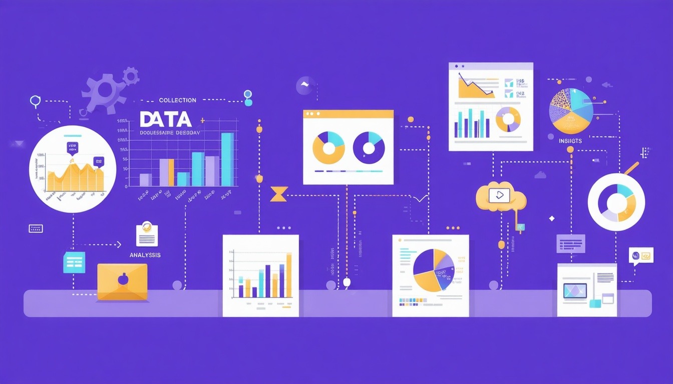 Design a visually compelling graphic that illustrates the journey of data from collection to decisionmaking in a business context Incorporate elements such as charts and graphs to represent various types of datalike sales figures customer feedback an-1