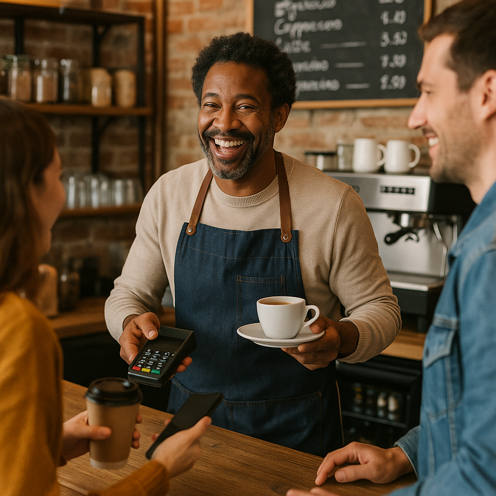 busy small business owner at a coffee shop helping customers and happy-1
