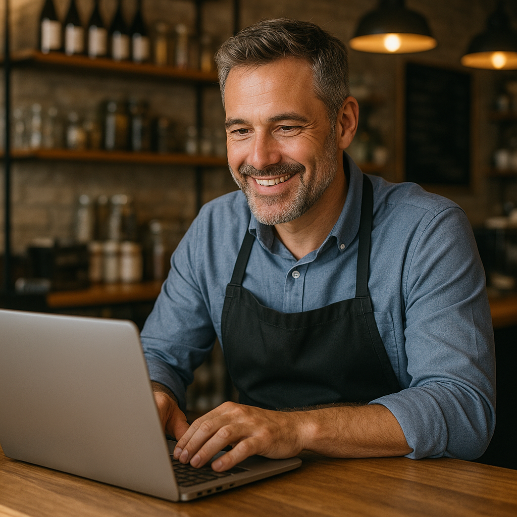 hyper realistic image of a business owner at their computer on the counter of their business smiling-1 hyper realistic image of a business owner at their computer on the counter of their business smiling-1