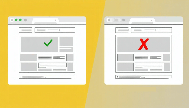 a website wireframe with a check because its great next to a bad wireframe with an x because its terrible-3