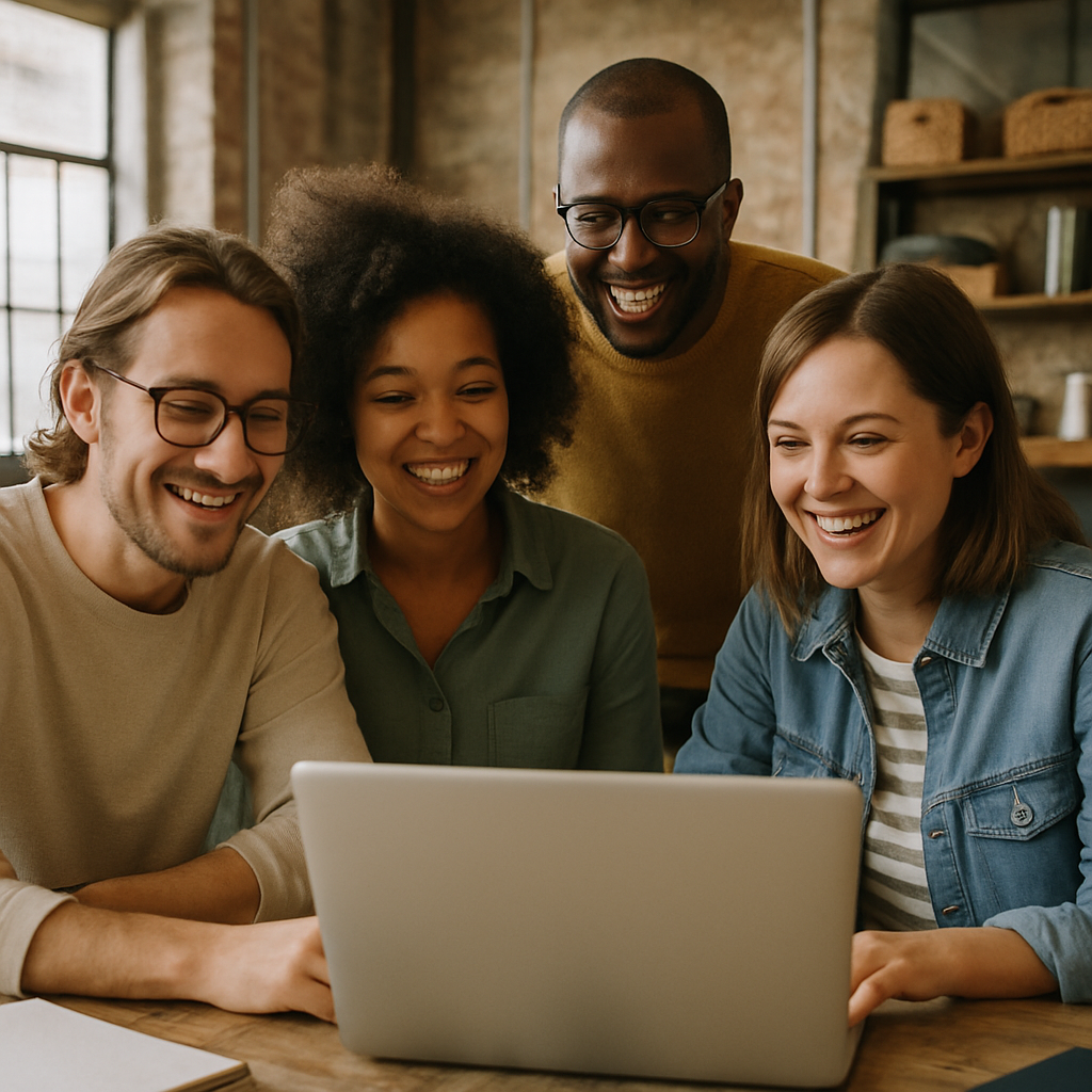 A candid photo of a small team collaborating around a laptopsmiling relaxed in a local office or workshop setting-1 A candid photo of a small team collaborating around a laptopsmiling relaxed in a local office or workshop setting-1