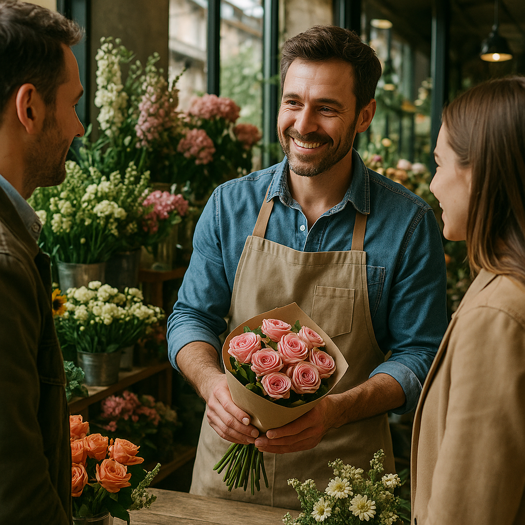 hyper realistic image of a business owner at a flower shop helping customers-1
